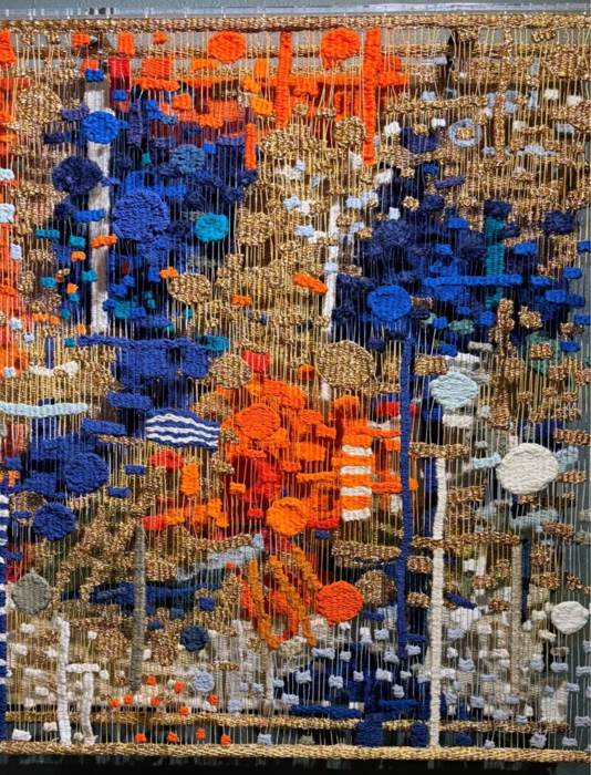 Golden, available contemporary multilayer tapestry by Susan Klebanoff