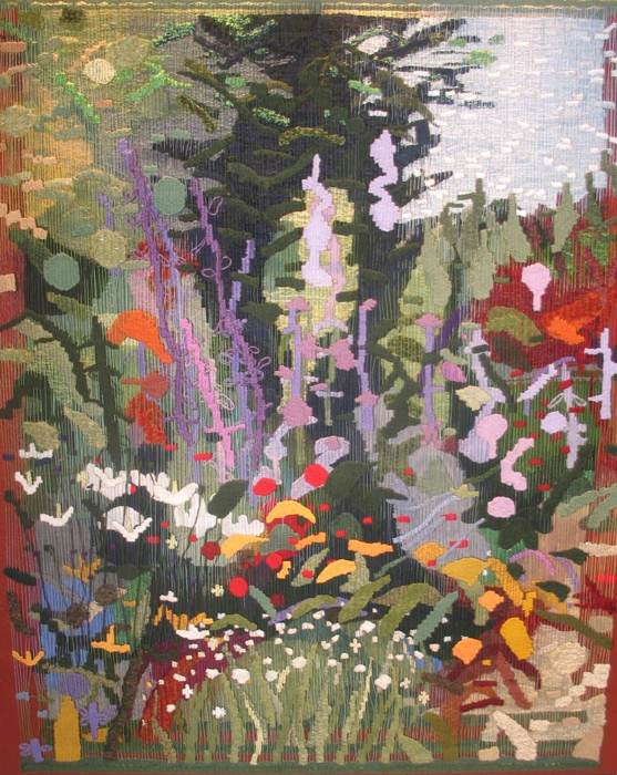 Hollyhock Improvization, multilayer textile art by Susan Klebanoff