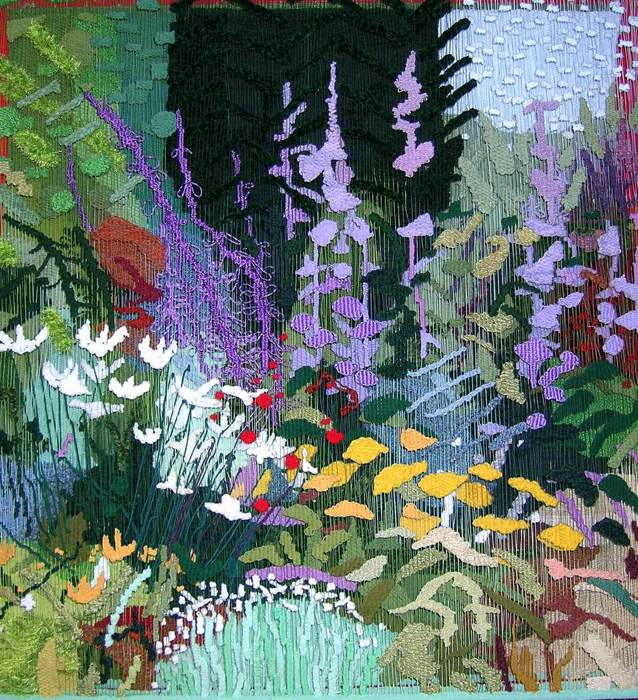HollyHocks, contemporary multilayer tapestry by Susan Klebanoff