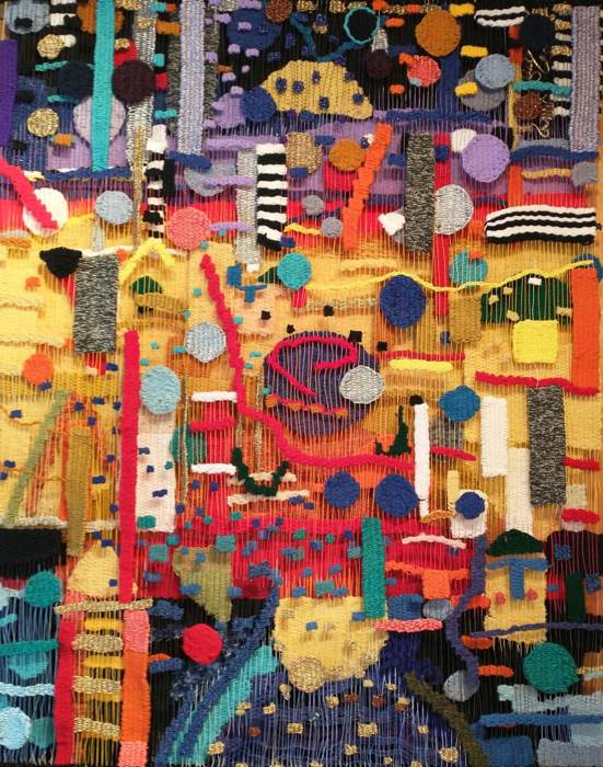 Joyful, available contemporary fiber art tapestry by Susan Klebanoff